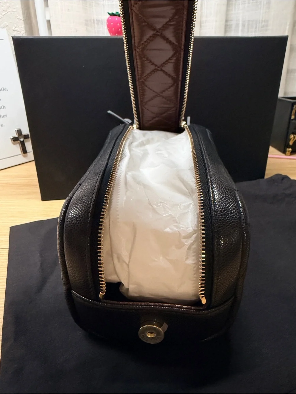 Chanel Black Quilted Caviar Toiletry Case With Chain